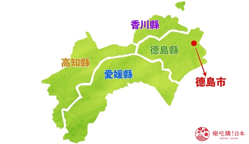 日本德島市位在四國的地理位置地圖