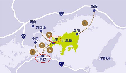 四國必去景點「小豆島」可搭乘四國郵輪(四国フェリー)的路線圖